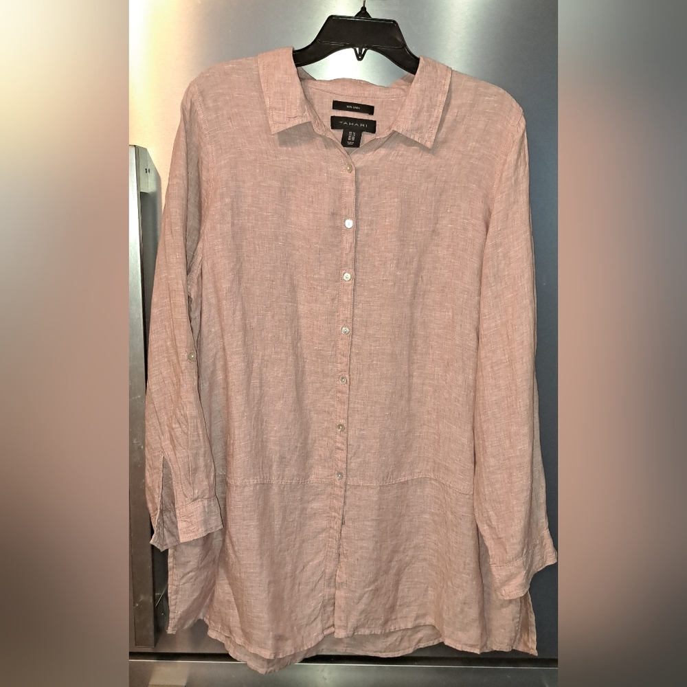 Ladies Tahari Long Linen Tunic Button-Up Blouse Top Pink Rose Long Sleeve 1X